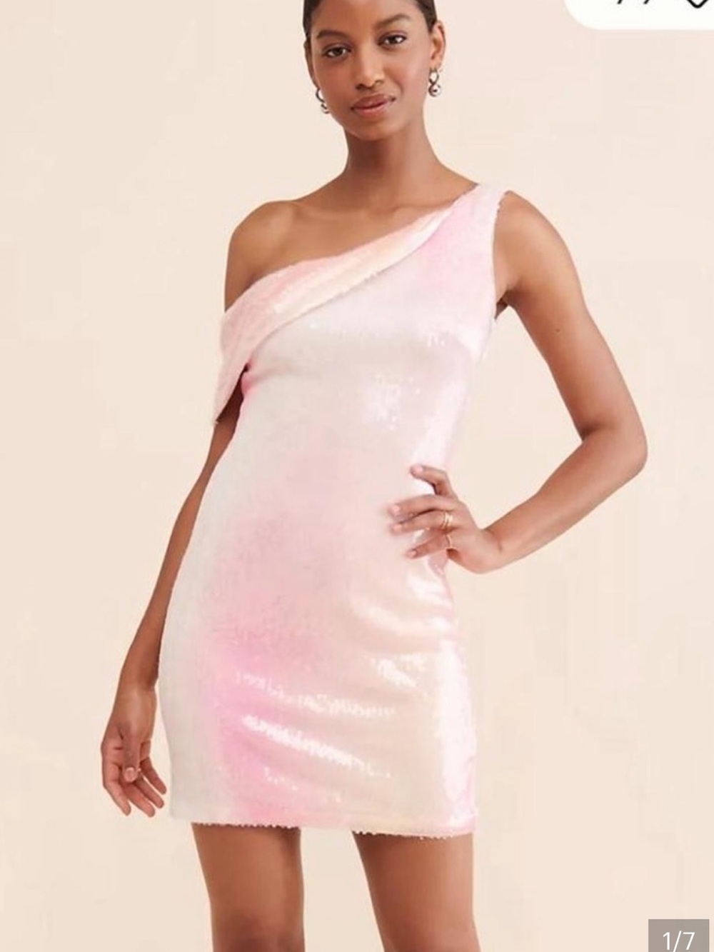 Halston Heritage One-Shoulder Sequin Mini Dress in Light Pink | 4